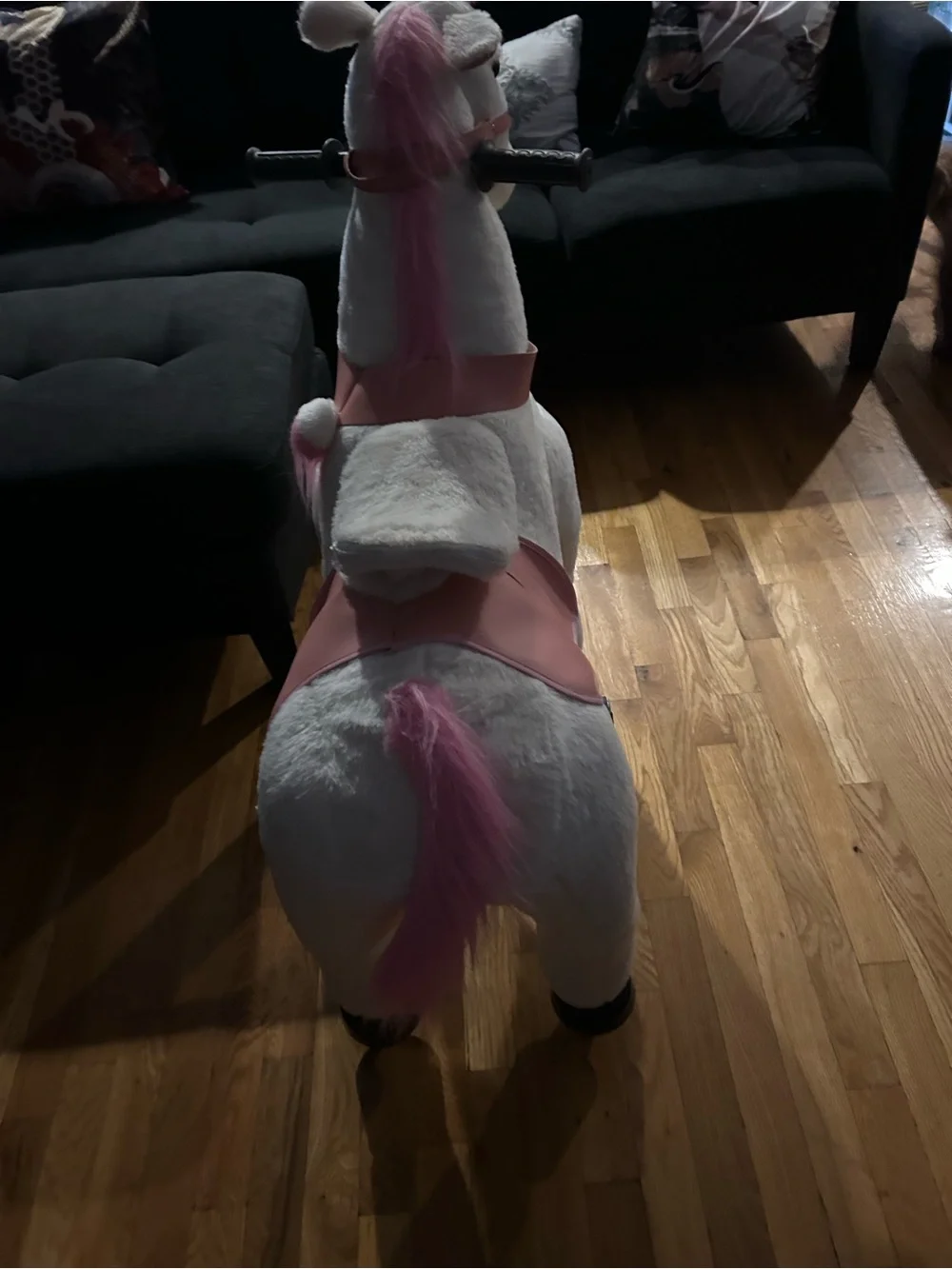 Plush White and Pink Ride-On Unicorn Toy with Handle Grips